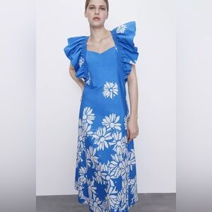 ZARA Printed Poplin Dress w/Oversized Ruffled Sleeves, Blue Floral